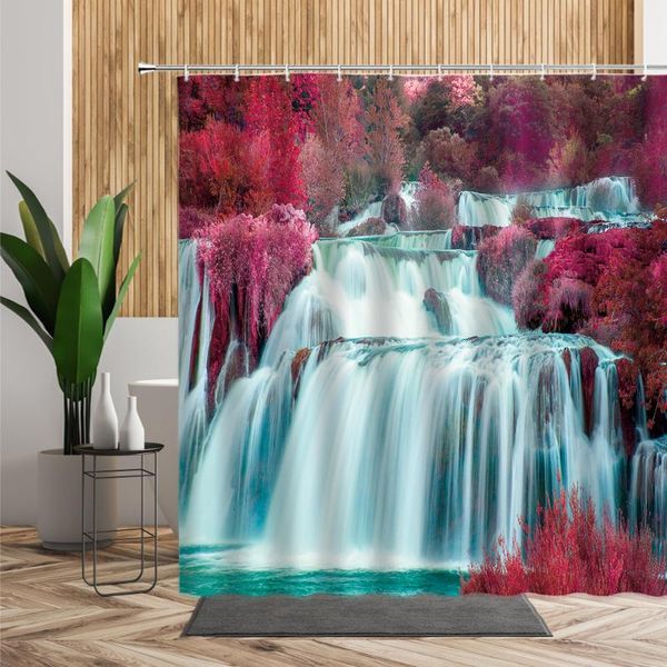 Tende da doccia Paesaggio naturale Tenda Cascata Foresta Decorazioni per il bagno Set 3D Autunno Legno rosso Schermo da bagno Tessuto impermeabile