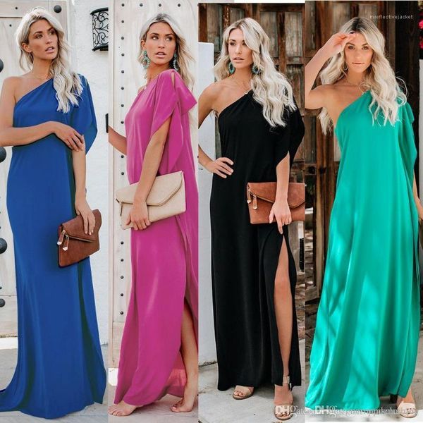 

sleeve split asymmetrical ankle length bohemian dress fashion casual summer soild color one shoulder dresses lotus, Black;gray