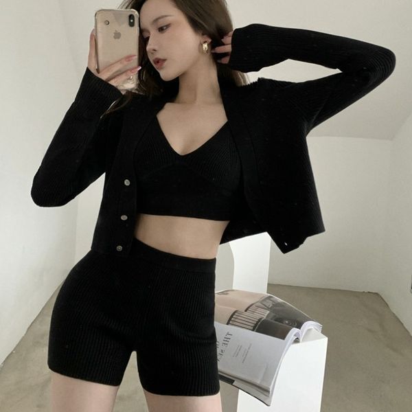 

korean fashion summer 3 piece set casual knitted women elegant long sleeve cardigan + sling v-neck vest + shorts outfits 210518, White
