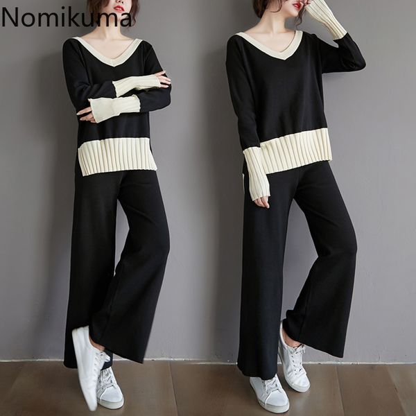 

nomikuma knitted 2 piece set women v neck long sleeve pullover high waist straight pants casual two pieces outfits plus size 210514, White