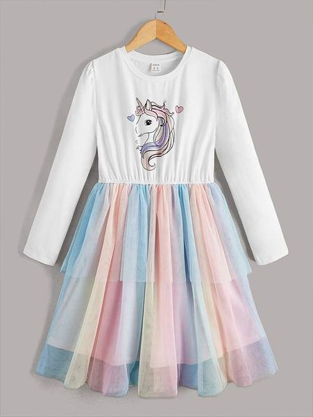 

girls unicorn print mesh overlay dress she, Red;yellow