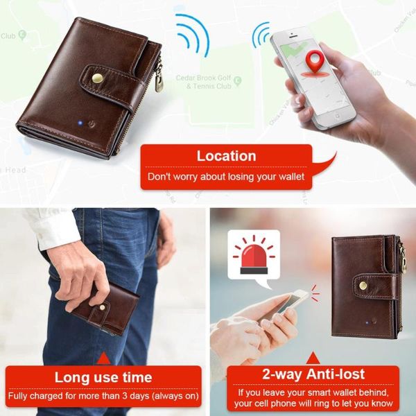 

wallets smart designer wallet for men genuine leather alarm gps map anti lost intelligent bluetooth short slim coin purse, Red;black