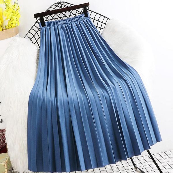 

autumn& winter women high waist slim elastic simple solid a-line pleated skirt all-match long skirts, Black