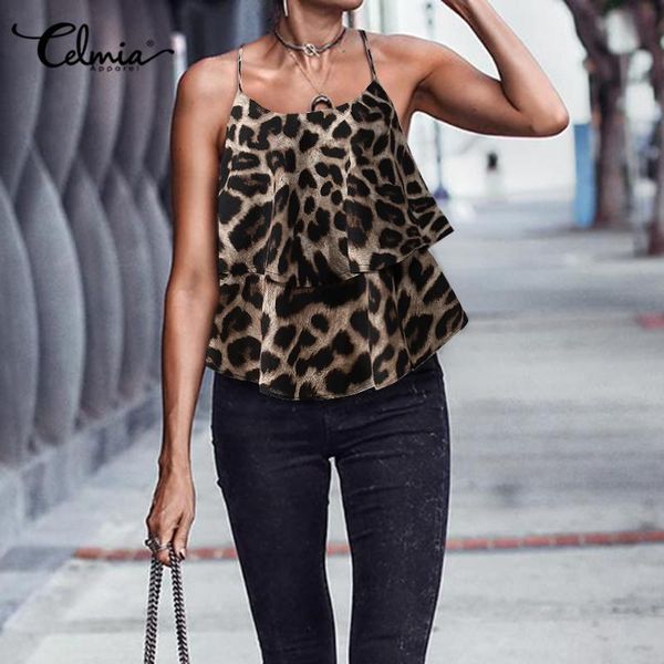 

women's tanks & camis fashion camisole celmia women vintage leopard print summer chiffon ruffles tank casual lace up sleeveless tee, White