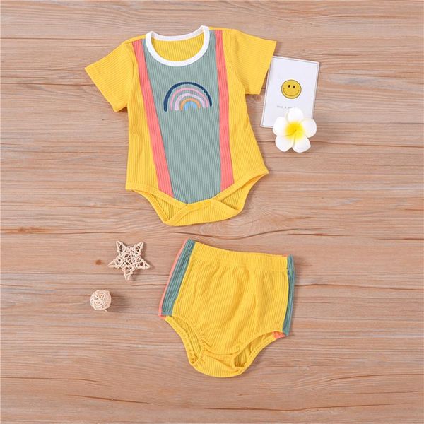 

pudcoco 2pcs baby summer tracksuits match color rainbow short sleeves romper high-waist shorts for girls boys, 0-24 months clothing sets, White