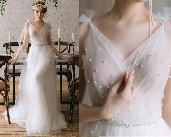 

other wedding dresses #11261 sleeveless sweep train peral delicate boho a-line bohemian light gown dress bridal gowns, White