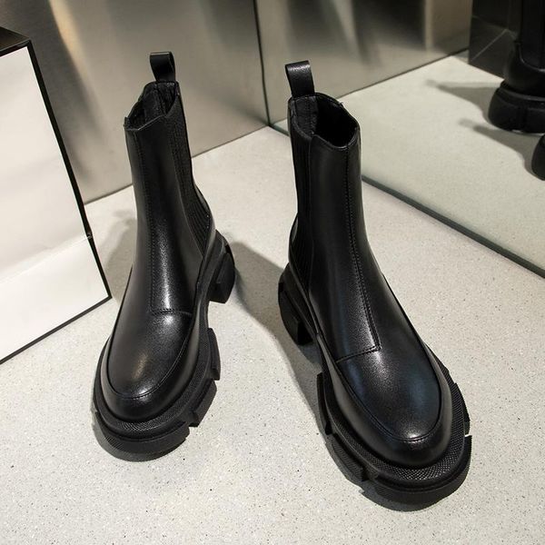 

boots 2021 ankle for women thick bottom round toe genuine leather black white all-match botas feminina platform shoes