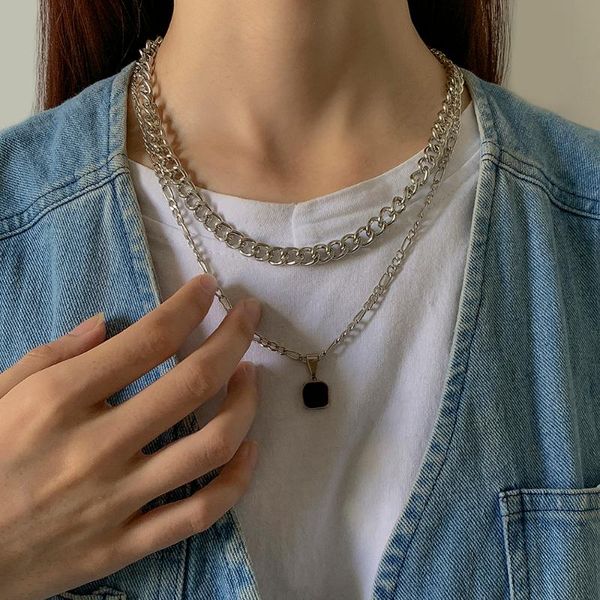

pendant necklaces lacteo steampunk double layered clavicle chain choker necklace jewelry for women hip hop black color rhinestone, Silver