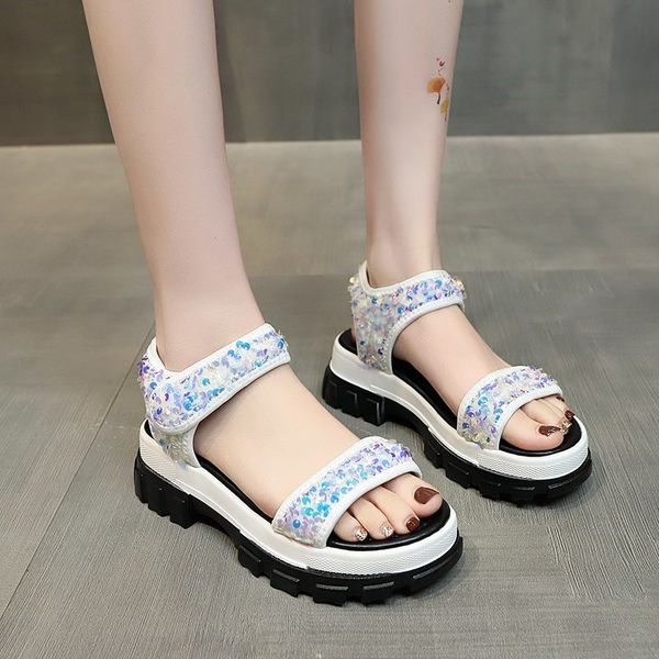 

sandals woman flat shoes 2021 fashion summer round toe 5cm heel black basic women size 35-40 ec30