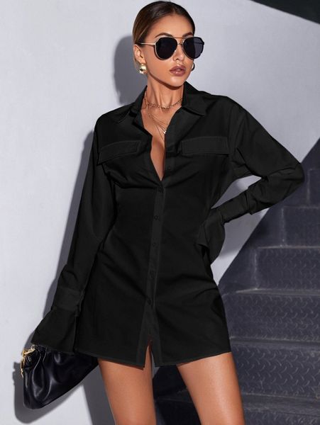 

flap detail flounce sleeve shirt dress s8gf#, Black;gray