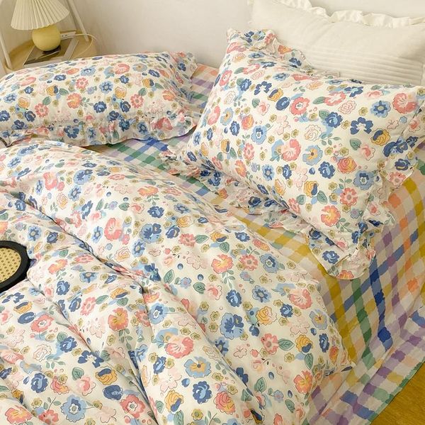 

korean flower single double bed quilt cover printed bedding duvet 1.5m1.8m4pc sets