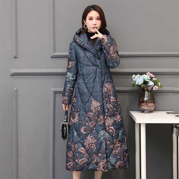 Китайский стиль женская зима вниз хлопчатобумажная куртка X-Long печать Свободные толстые тупона с капюшоном свободно покрытая кнопка женского холодного пальто 210930