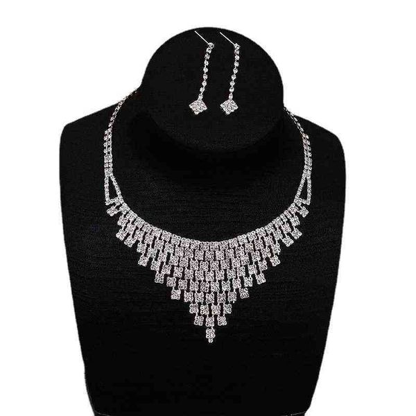 

diamond diamond dress necklace earring set exaggerated temperament luxurious banquet accessories, Silver