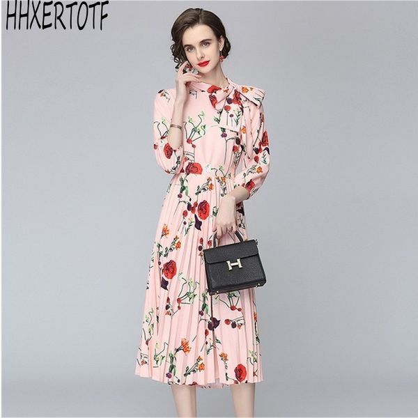 

summer womens 2 piece sets fashion runway rose print long sleeve shirts + rose printed pleated skirt set 210531, White