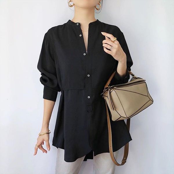 

lace v neck button slim womens blouses black casual fashion solid color shirt irregular autumn spring loose elegant, White