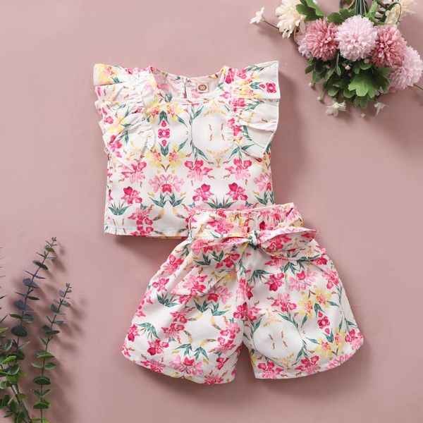 

kids baby girls 2-piece outfit set sleeveless flower pattern shorts for children sunsuit clothing sets, White