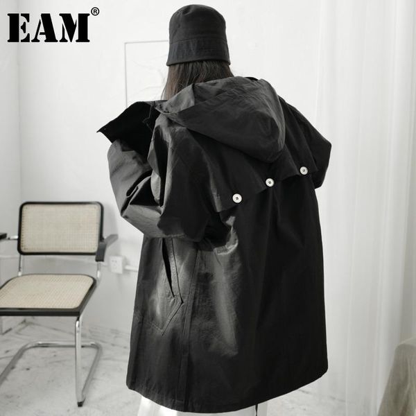 

[eam] women buttons hollow out big size trench hooded long sleeve loose fit windbreaker fashion spring autumn 2021 1dd4881 women's coat, Tan;black