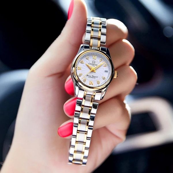 

wristwatches carnival women mechanical watch ladies fashion waterproof sapphire luminous automatic 8830, Slivery;brown