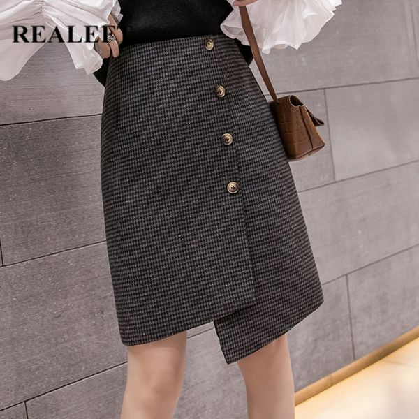 

autumn winter chic woolen plaid wrap skirts vintage single breasted high waist irregular midi female 210428, Black