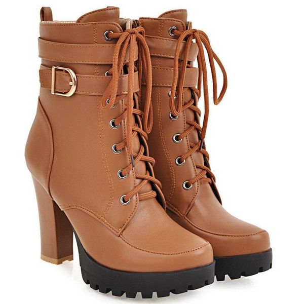 

boots women super high heel waterproof platform ankle non-slip wear-resistant fashion zip lace-up autumn lady shoes, Black