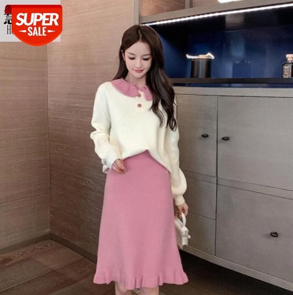 

korean style niche sweater skirt women, western style, age-reducing package hip set, knitted two #kl1s, Black;gray