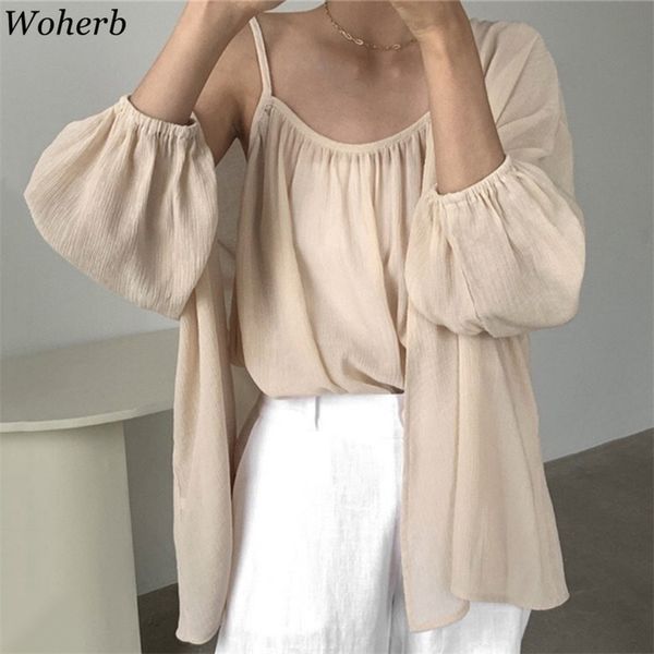 

korean chic sleeveless tank + chiffon cardigan summer loose 2 pieces set casual solid sun protection clothing 210519, White
