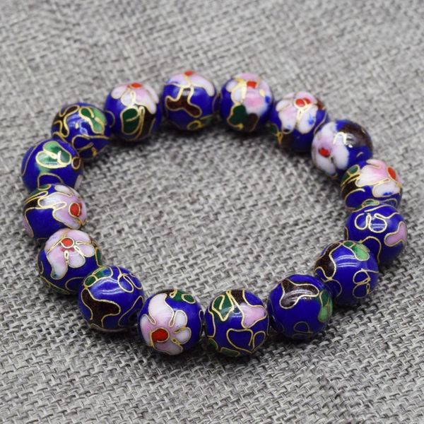 

polished fancy cloisonne enamel filigree 12mm round beaded bracelets chinese traditional stretch jewelry women accessories, Black