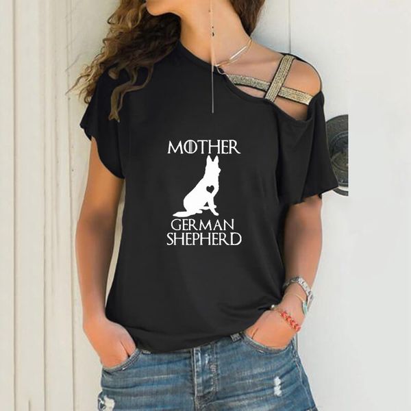 

women's t-shirt mother of german shepherd letter print loose irregular women skew neck cross bandage for female lover gift, White