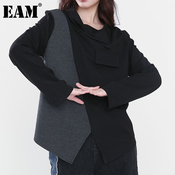 

[eam] irregular spliced gray big size loose fit sweatshirt lapel long sleeve women big size spring autumn 1dd016102 21512, Black