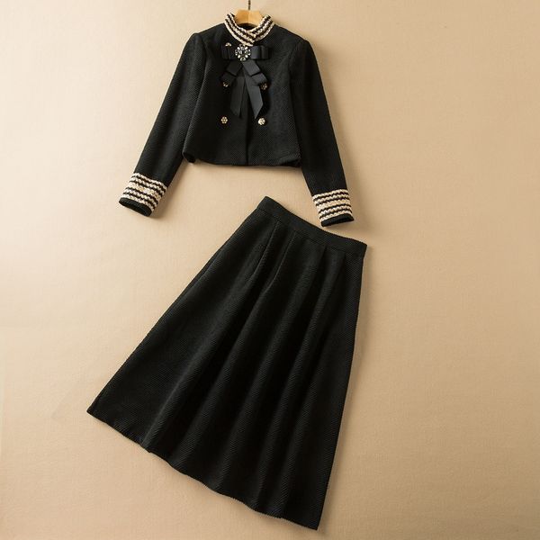 

2022 spring long sleeve round neck black solid color double-breasted coat + high waist peplum mid-calf skirt two piece suits 2 pieces set 21, White