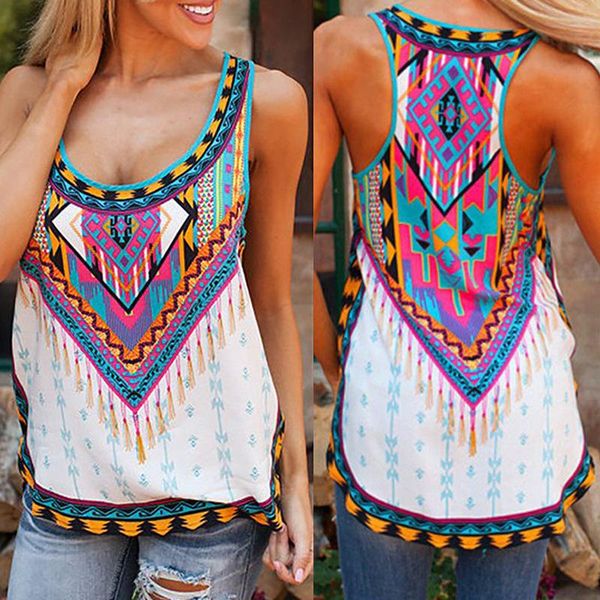 

women's t-shirt 2021 europe and america summer ethnic style print sleeveless loose slim casual hollow out, White