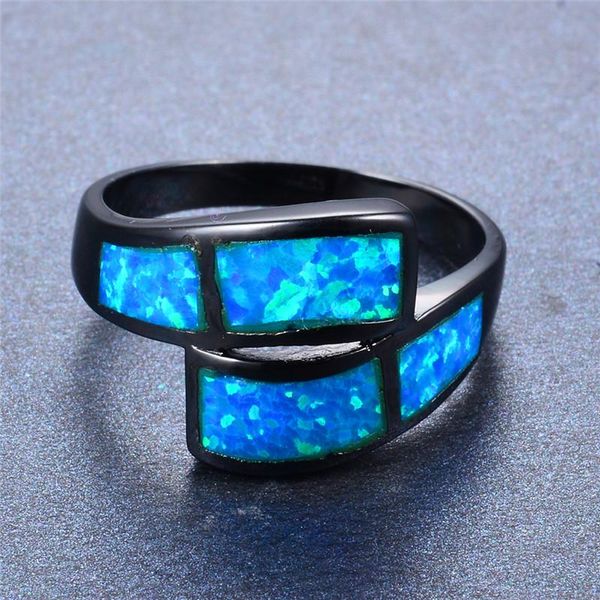 

wedding rings boho female blue fire opal stone ring vintage 14kt black gold promise love engagement for women, Slivery;golden