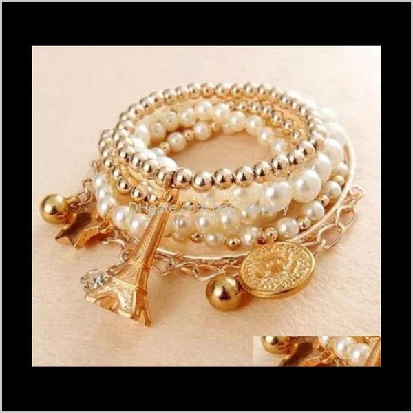 Charm Jewelryjewelry Böhmischer Stil Gold/Silber überzogene mehrschichtige künstliche Perlen-Charms-Armbänder Eiffelturm-Stern-Münzen-Anhänger-Armband für