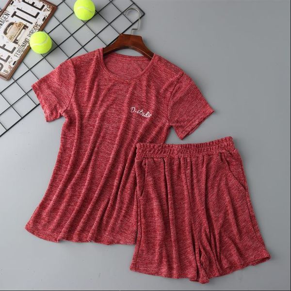 

cotton pajamas solid pijamas summer women sleepwear short sleeve t shirt and shorts 2 pieces set home clothes, Black;red