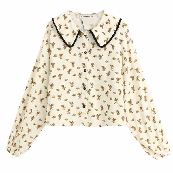 

women's blouses & shirts women fashion cute cartoon print casual contrast ruffles turn down collar roupas femininas ls6323, White