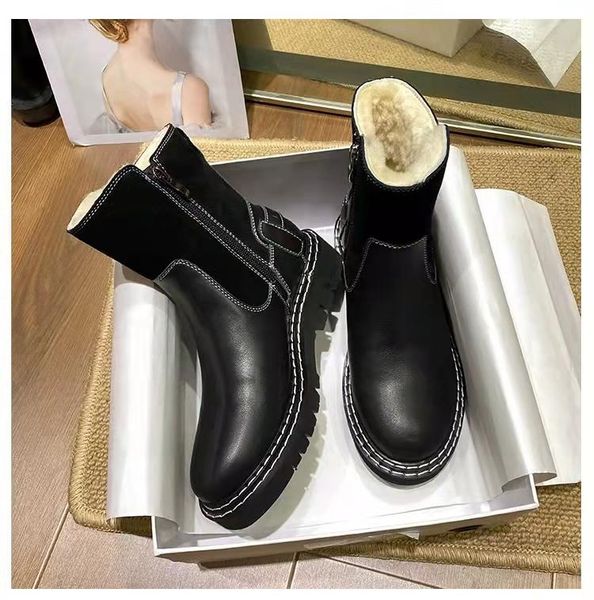 

boots fashion side zipper ankle boot for women winter chunky round toe ladies keep warm non-slip, Black