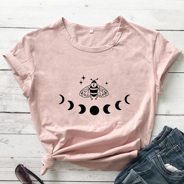 

moon phase bee women t-shirt funny graphic shirt natural inspiration tshirt goth style fashion casual vgrunge vintage women's, White