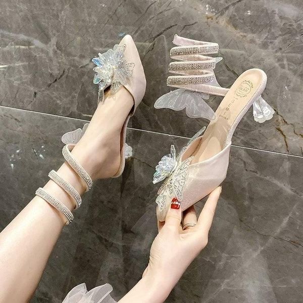 

sandals rhinestone snake-shaped winding women's summer high heel 2021 satin butterfly stiletto crystal shoes, Black