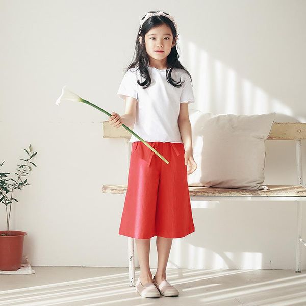 

trousers girls nine pants vyu 3~14y 2021 summer solid color wide leg loose 3 cotton casual children's clothing, Blue