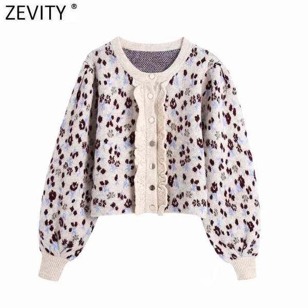 

zevity women fashion o neck lantern sleeve leopard print casual short knitting sweater femme chic ruffles cardigan s523 210419, White;black