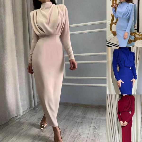 

casual dresses drop lady dress solid color tight waist half high collar ankle length sheath for party, Black;gray