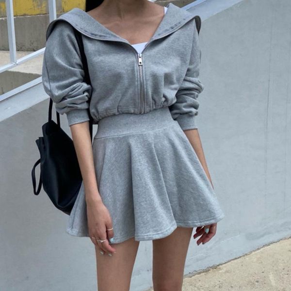 

casual dresses 2021 autumn women hooded sweatshirts grey zip up long sleeve waist mini a-line dress sports, Black;gray