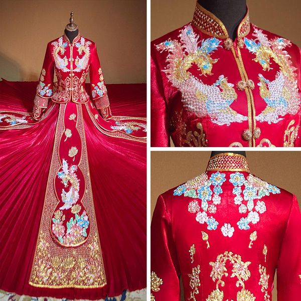 

chinese wedding bride style cheongsam traditional long qipao embroidery women's evening dress marry clothes ethnic clothing, Red