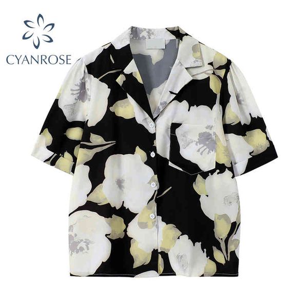 

summer fashion korean style flower printing shirts women blouses beach style notched short sleeve female causal shirts 210417, White