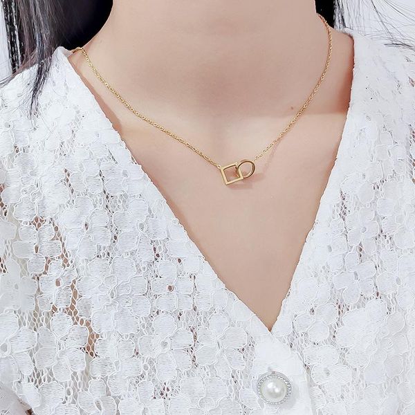

double pendant circle and square clavicle short necklace stainless steel gold color for women necklaces, Silver
