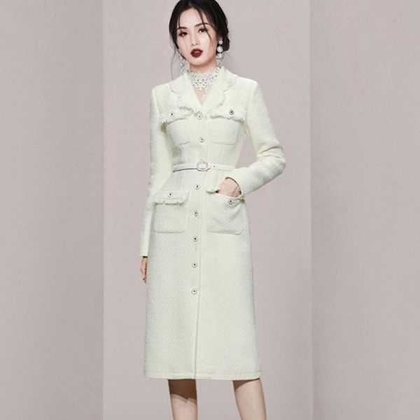 

women's trench coats women elegant lapel tweed long coat fashion slim single-breasted tassels pocket business woolen overcoat, Tan;black