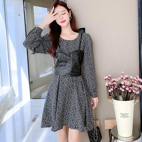 

casual dresses 2021 autumn french style black floral chiffon dress+leather vest women dress sets office lady elegant knee-length, Black;gray