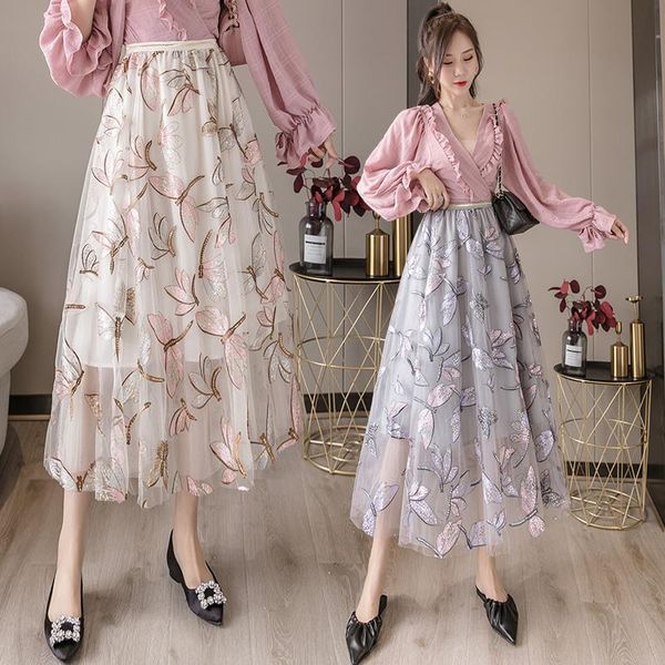 

summer sequined mesh skirts women fashion elastic high-waist dragonfly embroidery skirt ladies elegant casual long female, Black