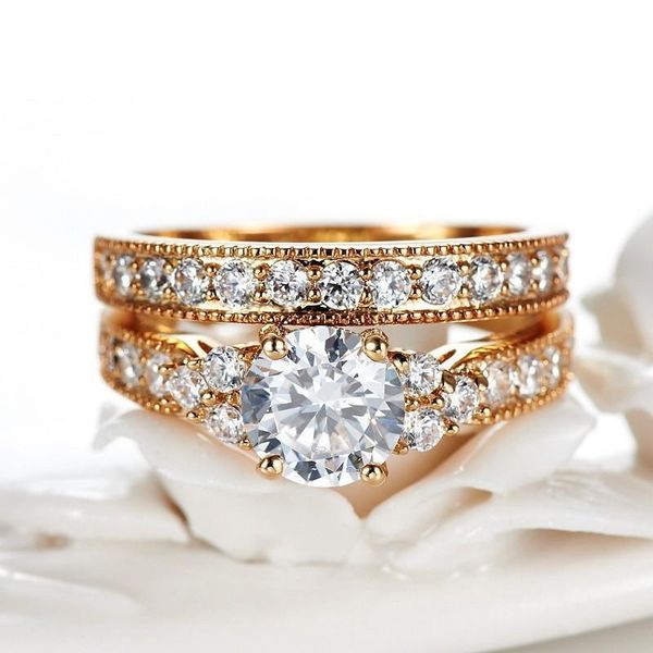 

fashion 100% original 925 solid silver rings set for women 2.0ct natural zirconia pure gold wedding bride cluster, Golden;silver