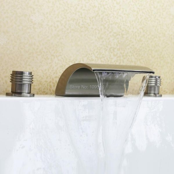 

brushed nickel waterfall bath tub faucet widespread 3 pieces bathroom shower sets